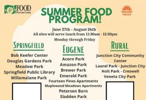 FOOD For Lane County Summer Food Program! Summer meals June 27th - August 26th all sites will serve lunch from 11:30 am - 12:30 pm Monday through Friday Springfield Bob keefer center Douglas Gardens Park Meadow Park Springfield public library willamalane park acorn park amazon park brewer park emerald park fourteen pines apartments maplewood meadows apartments petersen barn sladden park rural junction city community center laurel park - junction city holt park - creswell veneta city park