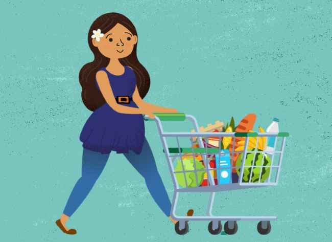 cartoon person with long dark hair and a flower in hair pushes a shopping cart full of groceries