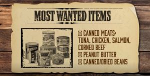 most wanted items canned meats: tuna, chicken, salmon, corned beef peanut butter canned/dried beans