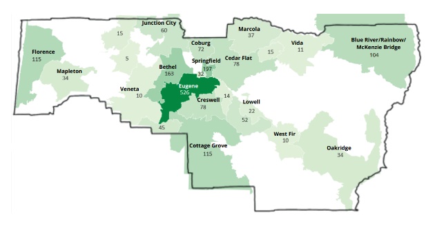 map of Lane County with shades of green and names of municipalities